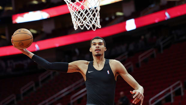 Dec 11, 2023; Houston, Texas, USA; San Antonio Spurs center Victor Wembanyama (1) warms up before the game against the Houston Rockets at Toyota Center.